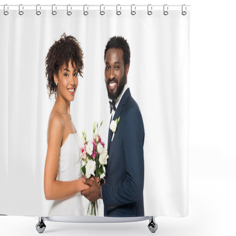 Personality  Cheerful African American Bride Holding Bouquet Near Bridegroom And Looking At Camera Isolated On White  Shower Curtains