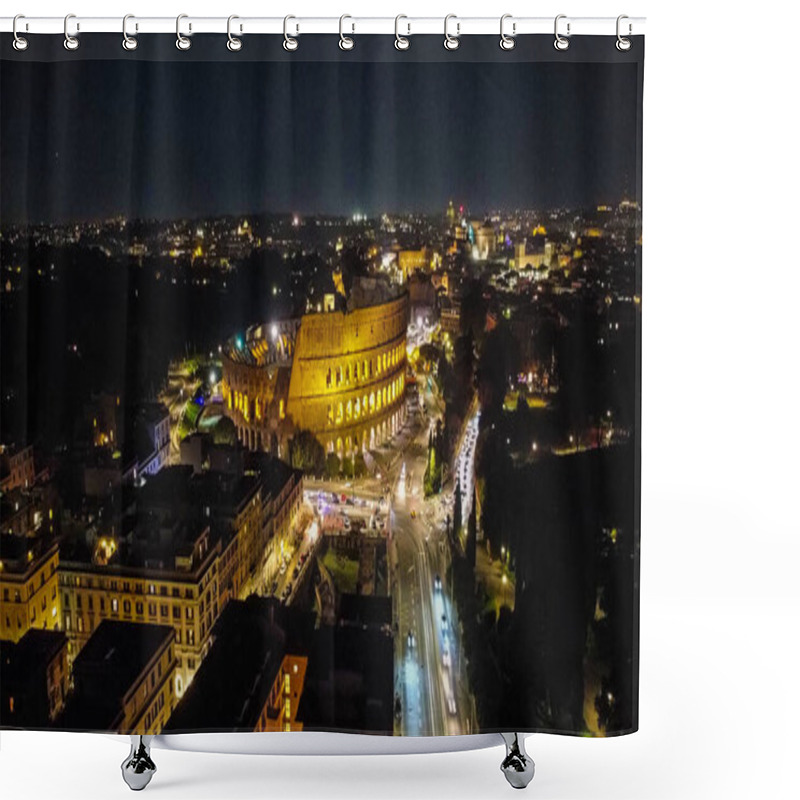 Personality  A Stunning Aerial View Of The Colosseum In Rome At Night, Beautifully Illuminated Against The Evening Sky. The Photo Captures The Grandeur Of This Iconic Ancient Monument In The Heart Of Rome Shower Curtains