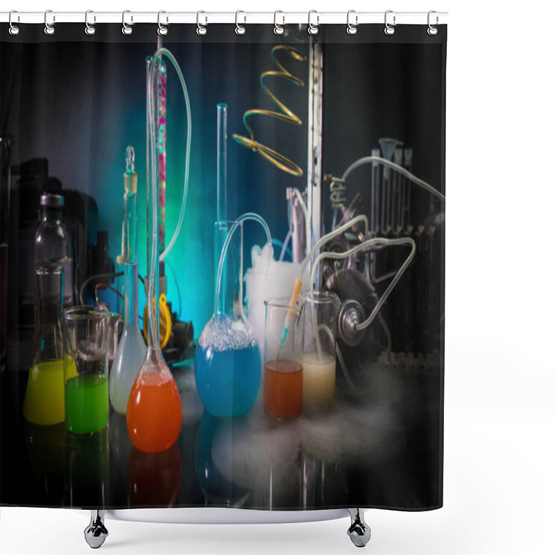 Personality  Pharmacy And Chemistry Theme. Test Glass Flask With Solution In Research Laboratory. Science And Medical Background. Laboratory Test Tubes On Dark Toned Background , Science Research Equipment Concept Shower Curtains