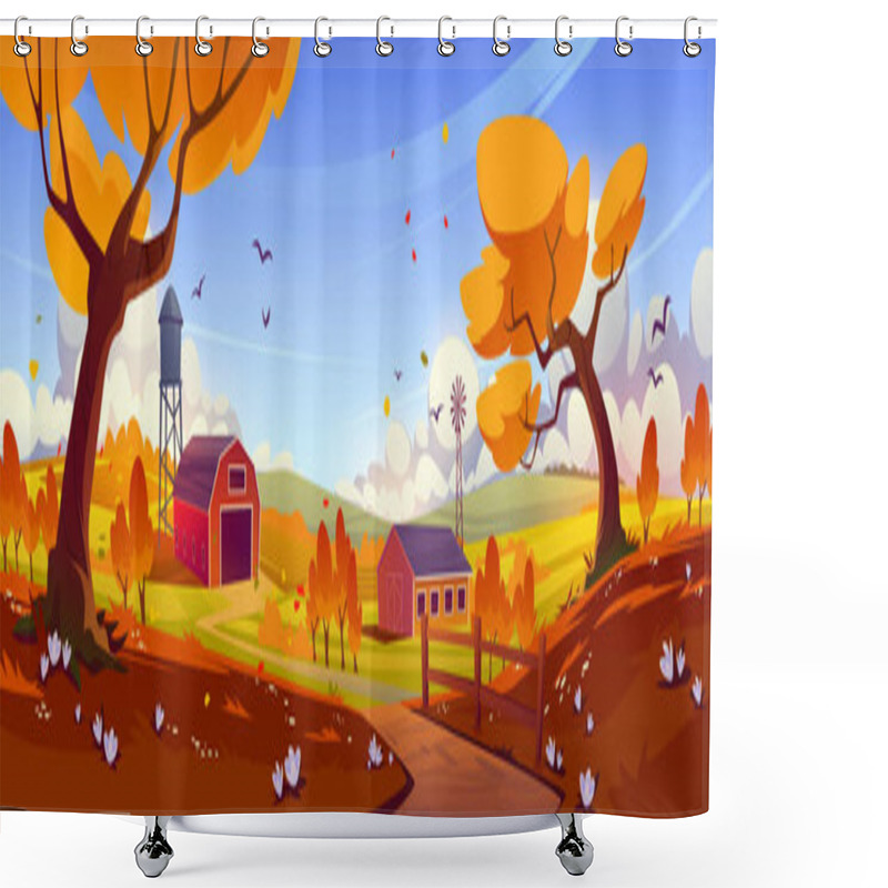 Personality  Autumn Countryside With Farm Barn, Windmill, Water Tower And Agriculture Fields At Fall. Vector Cartoon Illustration Of Rural Landscape Of Farmland With Wooden Shed, Road And Orange Trees Shower Curtains