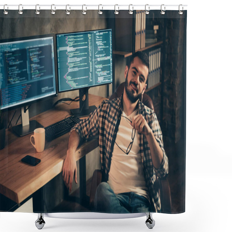 Personality  Portrait Of His He Nice Attractive Confident Content Bearded Guy Wearing Checked Shirt Expert Specialist Nerd Shark Boss Genius At Wooden Industrial Interior Work Place Station Shower Curtains