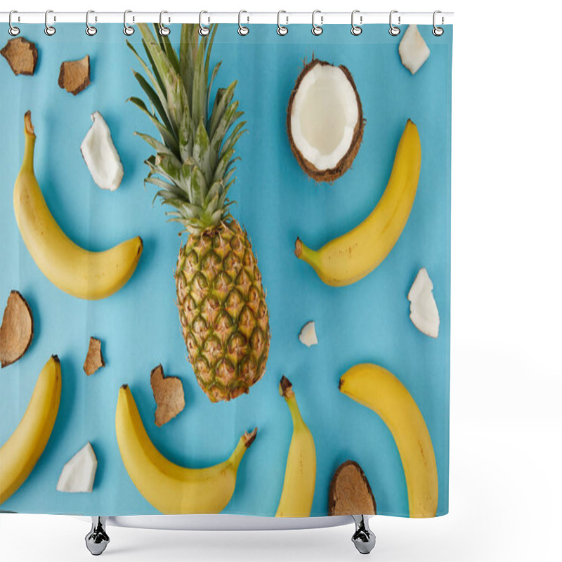 Personality  Flat Lay With Fresh Pineapple, Bananas And Coconut Pieces Isolated On Blue Shower Curtains