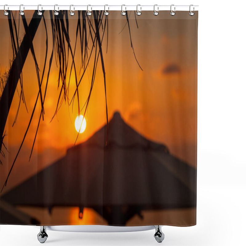 Personality  Sunset At Sea. Palm Tree With Parasol At Background Shower Curtains