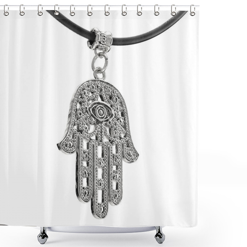 Personality  Silver Hamsa, Hand Of Fatima Amulet Coulomb On A White Background. 3d Rendering Shower Curtains