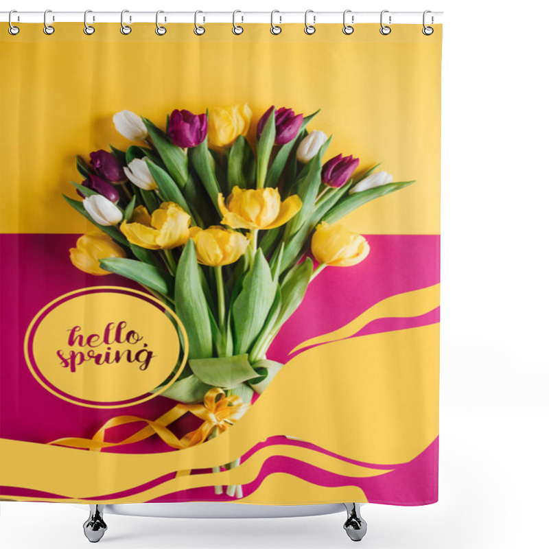 Personality  Top View Of Spring Tulips With HELLO SPRING Sign Shower Curtains