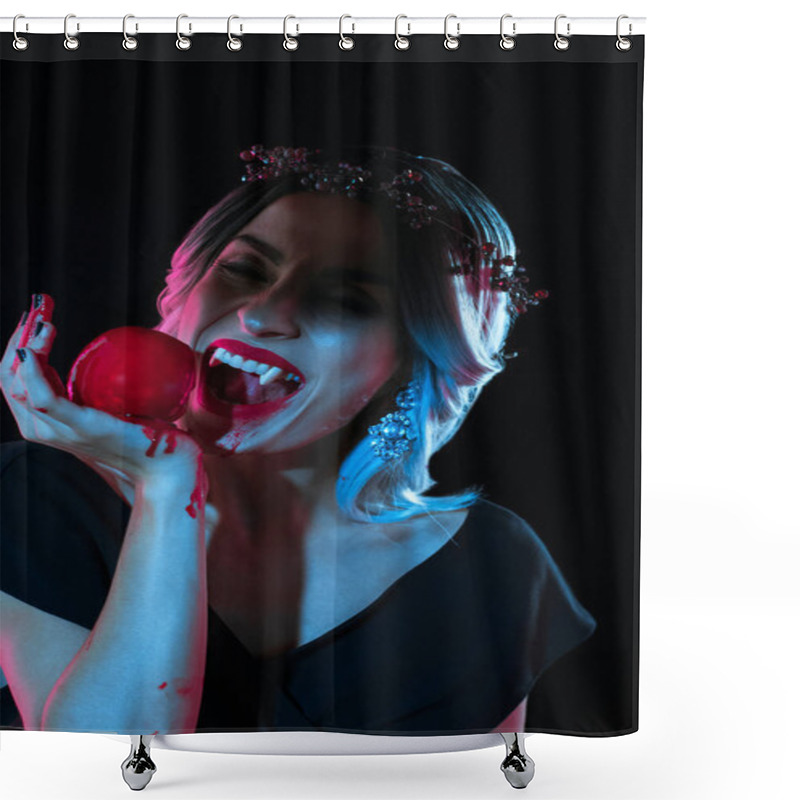 Personality  Beautiful Vampire Woman Bitting Red Bloody Apple Isolated On Black Shower Curtains