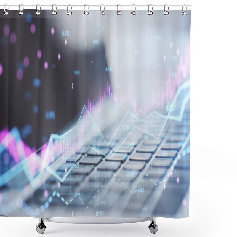 Personality  Close Up Of Laptop With Abstract Glowing Candlestick Forex Chart With Index And Grid On Blurry Background. Invest, Trade, Finance Ans Stock Market Concept. Double Exposure Shower Curtains