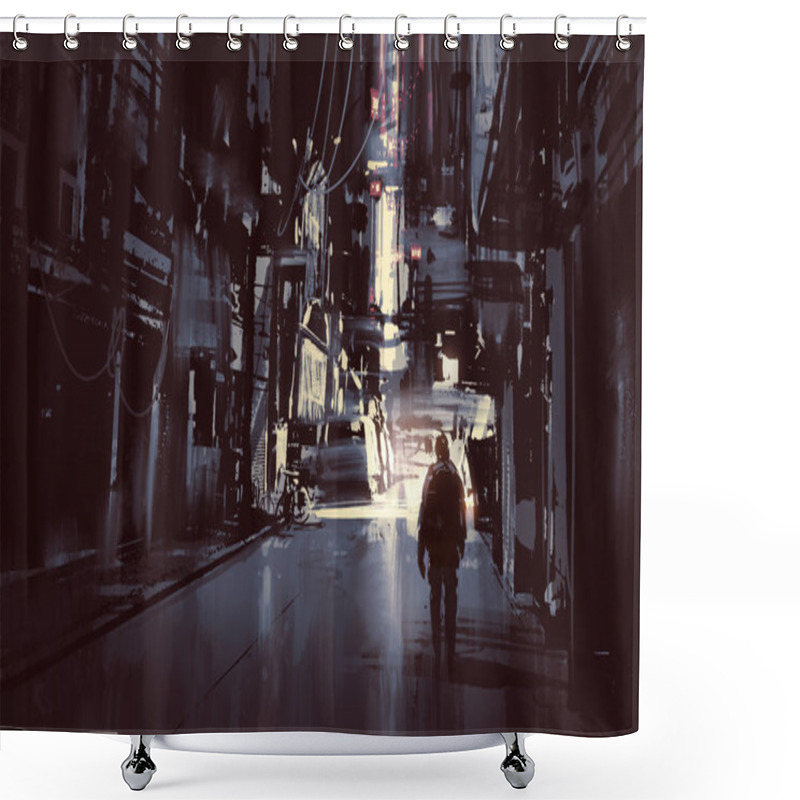 Personality  Man Walking Alone In Dark City Shower Curtains