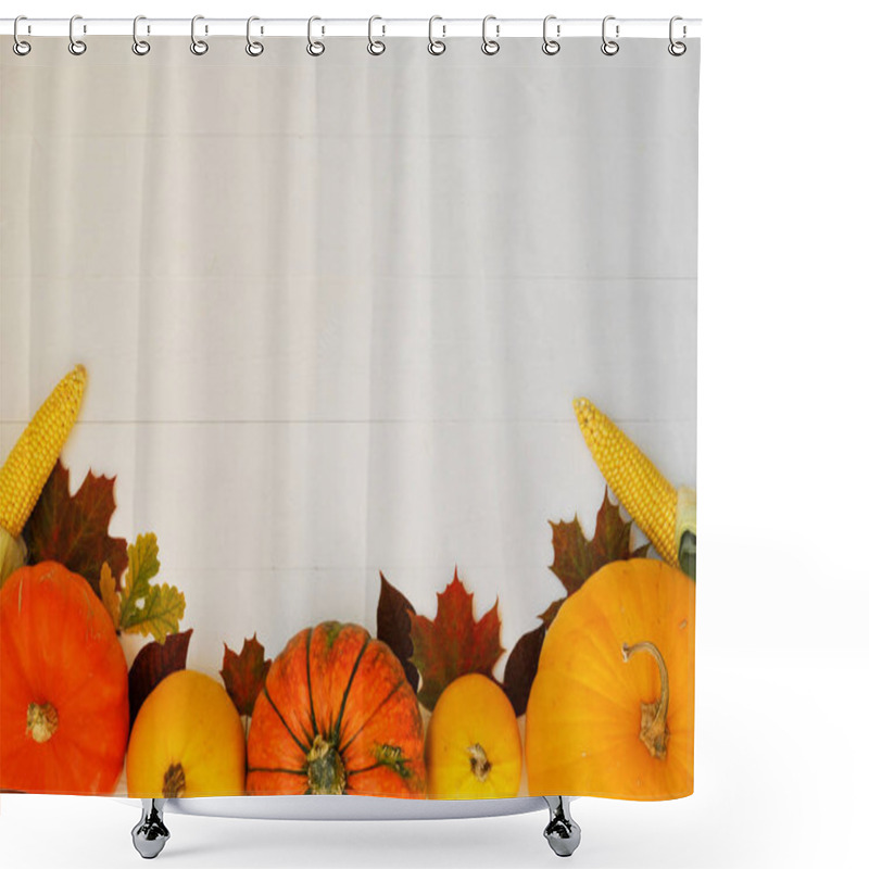 Personality  Yellow And Orange Pumpkins, Corn And Autumn Leaves On Wooden Background For Harvest Fall And Thanksgiving Theme. Shower Curtains