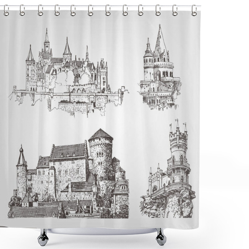 Personality  Vector Old Castle Illustrations Set. Countrysides On Gothic Fortress Background. Hand Drawn Architectural Landscapes. Sketches Of Ancient Towers. Shower Curtains