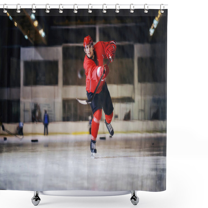 Personality  Full Length Of Hockey Player Shooting On Goal In Ice Hall. Shower Curtains