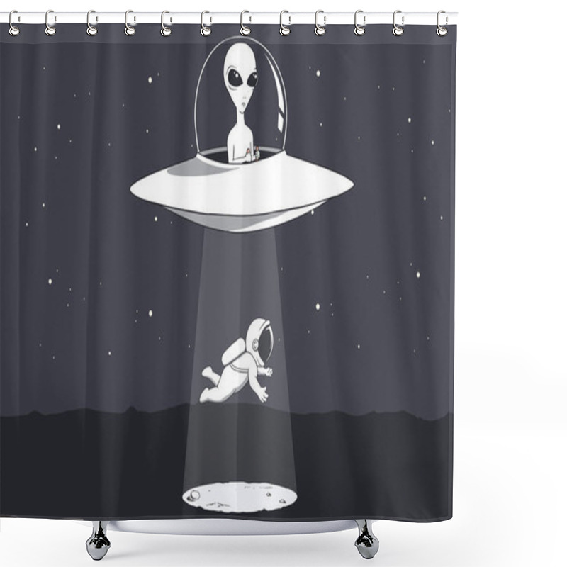 Personality  An Alien On A Flying Saucer Abducts An Astronaut.Vector Illustration Shower Curtains