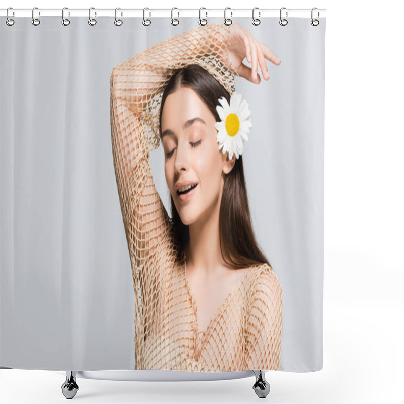 Personality  Beautiful Smiling Woman With Daisy In Hair And Closed Eyes Isolated On Grey Shower Curtains