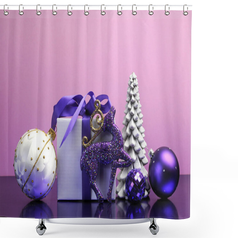 Personality  Purple Theme Christmas Tree, Gift And Baubles Festive Holiday Still Life. Shower Curtains