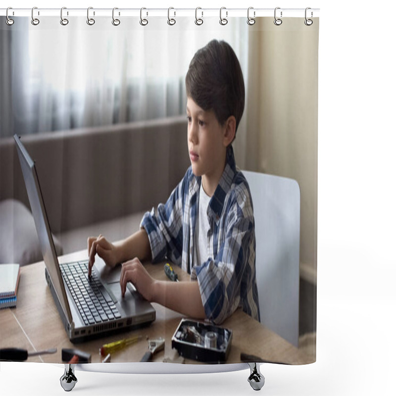 Personality  Smart Male Preschooler Searching For Hard-disk Instructions On Laptop, IT Hobby Shower Curtains