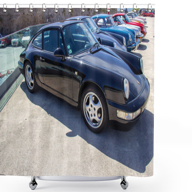 Personality  Sleek Black Porsche 911 Parked Alongside Other Classic Cars, Showcasing Automotive History And Design Shower Curtains