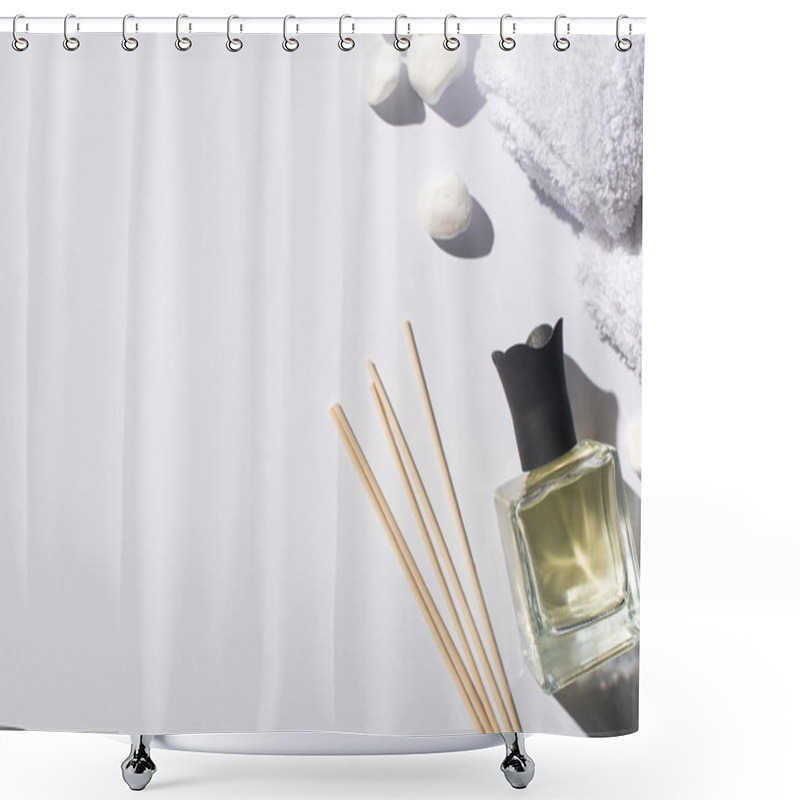 Personality  Top View Of Aroma Sticks With Perfume In Bottle Near Spa Stones And Towel On White Background Shower Curtains