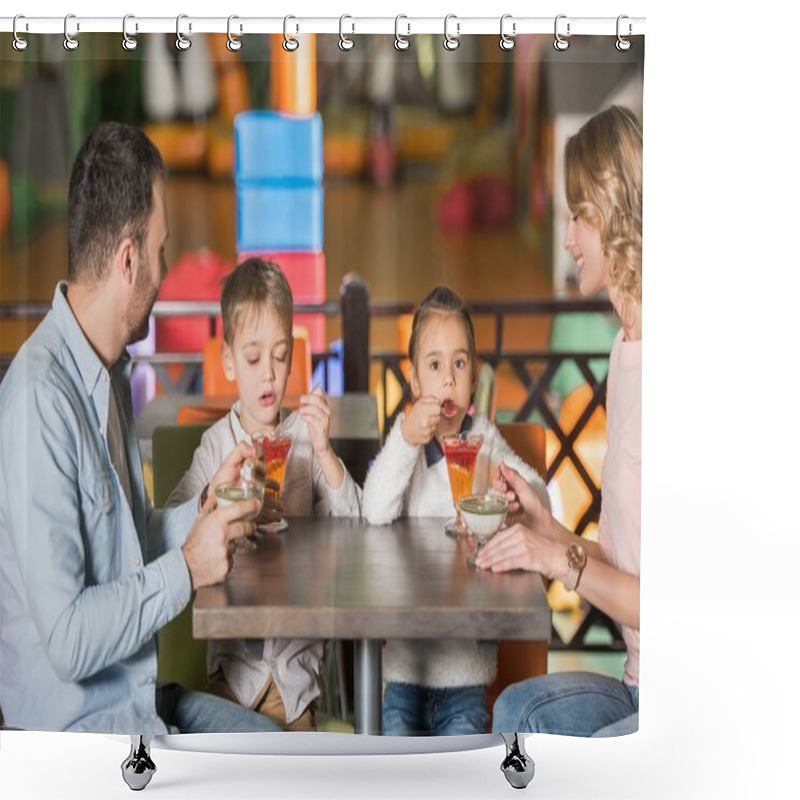 Personality  Happy Family With Two Kids Eating Desserts In Cafe Shower Curtains