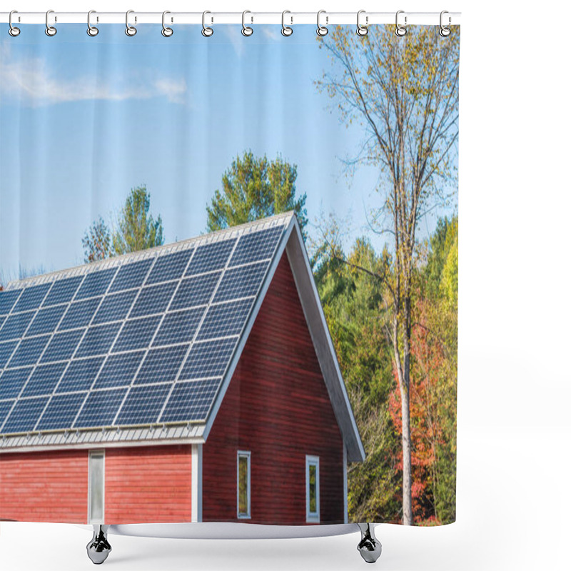 Personality  Solar Panels For Electricity Generation On The Roof Of A Red Wooden Barn On A Clear Autumn Day. Concept Of Alternative Energy. Countryside Of Vermont, USA. Shower Curtains