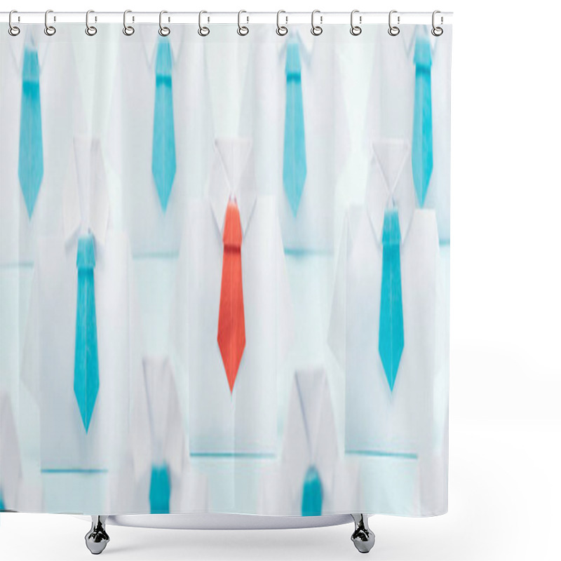 Personality  Panoramic Shot Of Origami White Shirts With Blue Ties With One Red On Blue Background, Think Different Concept Shower Curtains