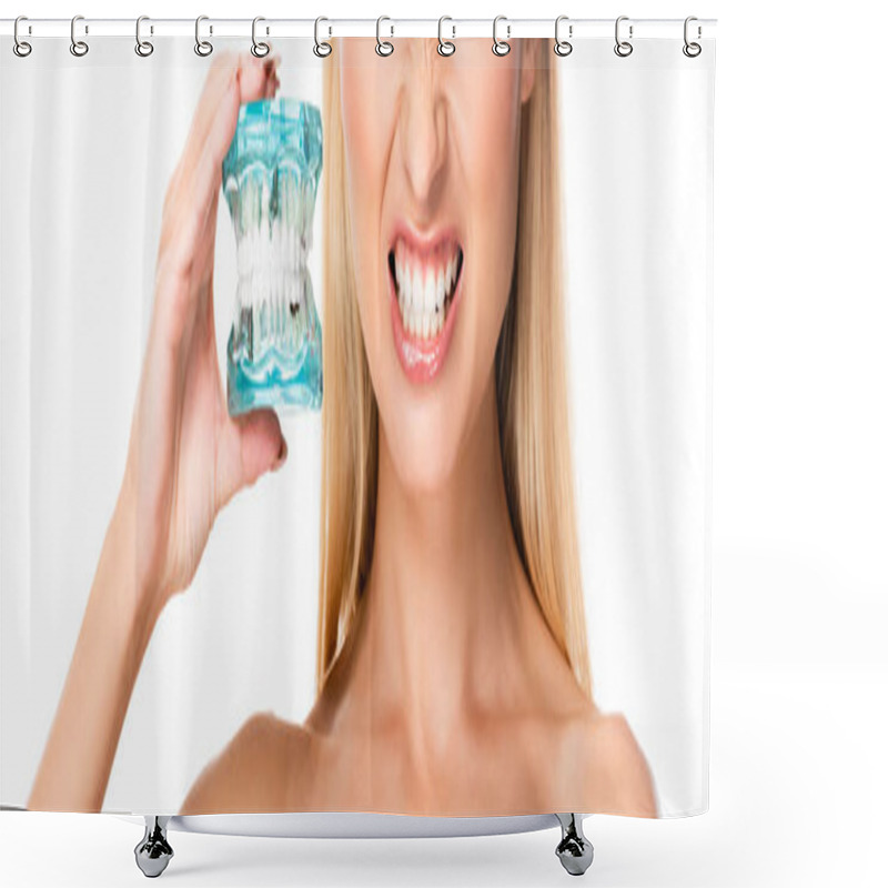 Personality  Cropped View Of Naked Woman Showing Teeth And Holding Jaw Model Isolated On White Shower Curtains