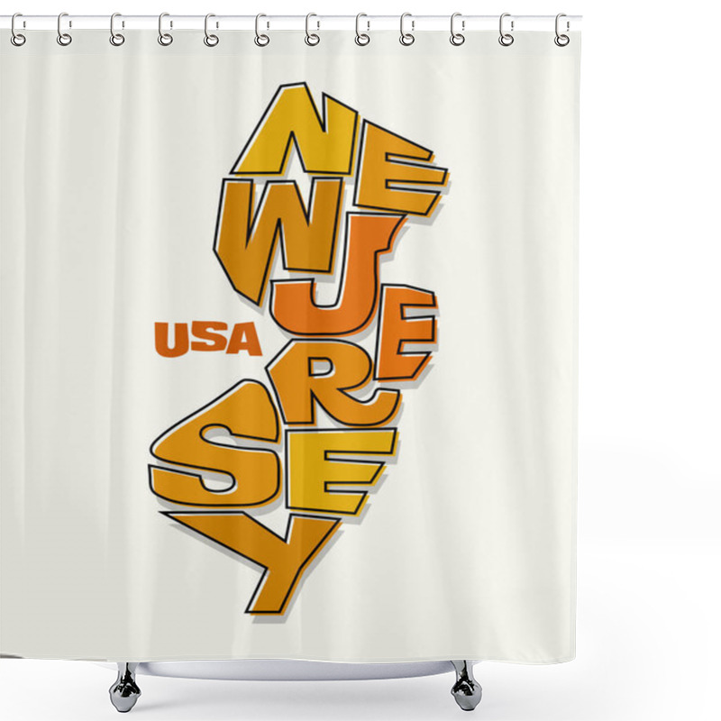 Personality  State Of New Jersey With The Name Distorted Into State Shape. Pop Art Style Vector Illustration For Stickers, T-shirts, Posters, Social Media And Print Media. Shower Curtains