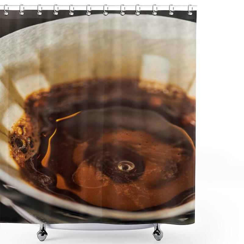 Personality  Close Up View Of Black, Freshly Brewed V-60 Style Espresso Coffee With Foam In Paper Filter Bag Shower Curtains