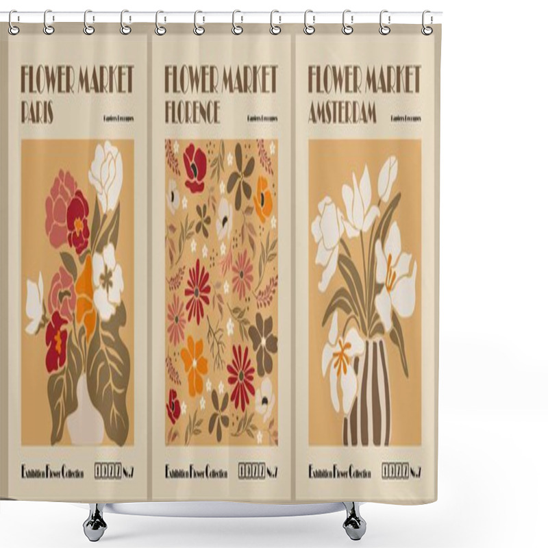 Personality  Set Of Abstract Flower Posters. Trendy Botanical Wall Arts With Floral Design In Autumn Earth Tone Colors. Modern Naive Groovy Funky Interior Decorations, Paintings. Vector Art Illustration. Shower Curtains