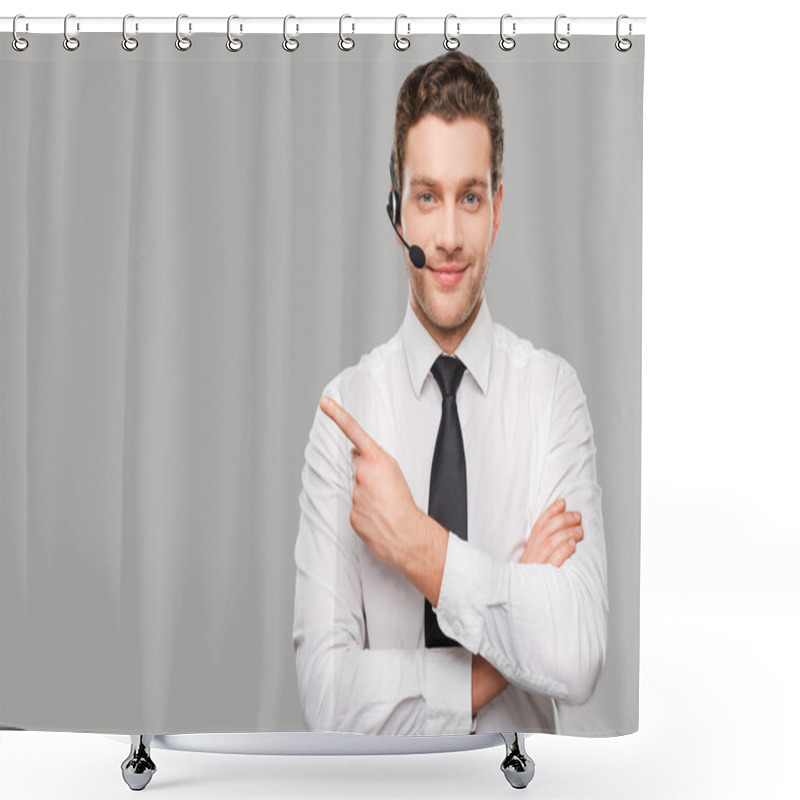 Personality  Man In Headset Pointing Away Shower Curtains