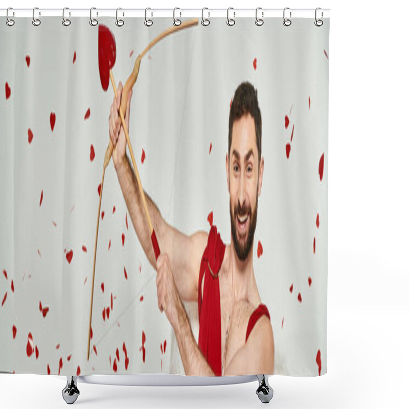 Personality  Funny Bearded Cupid Man Archering Under Red Confetti During St Valentines Party On Grey, Banner Shower Curtains