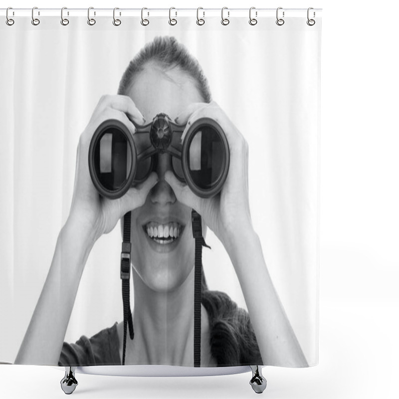 Personality  Young Smiling Woman Looking Through Binoculars Isolated On White Shower Curtains