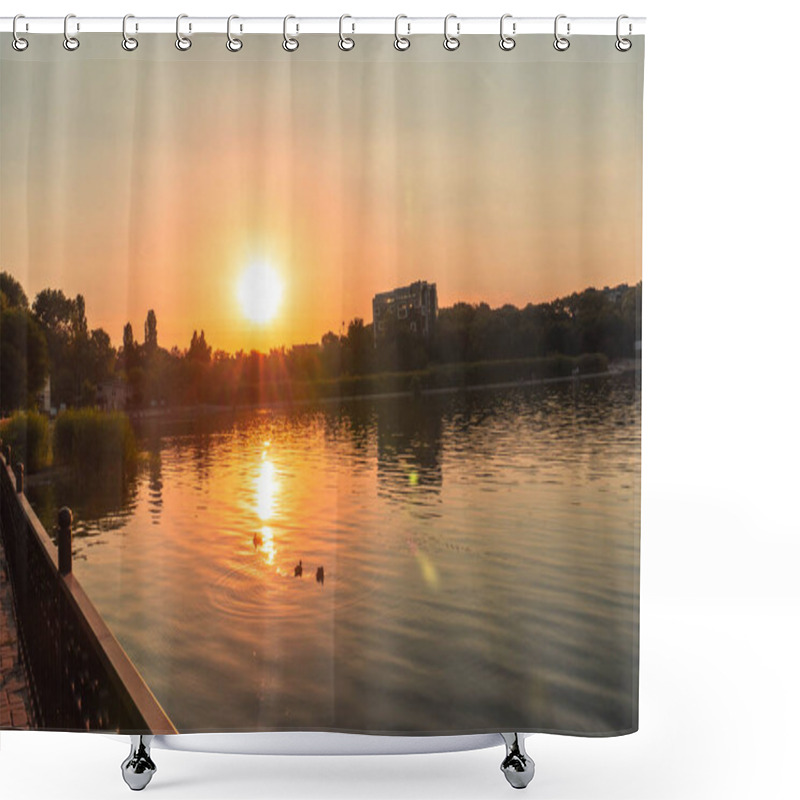 Personality  A Lake With The Sunset In The Background, Casting A Warm Glow Shower Curtains