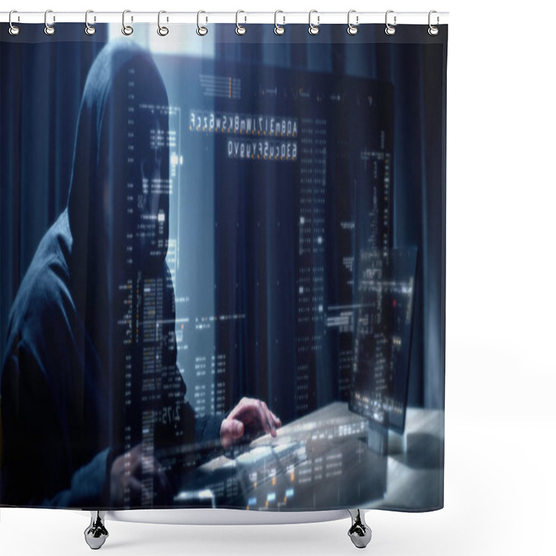 Personality  Futuristic Cyber Hacker Operating Under The Guise Of Anonymous, Employs Advanced Algorithms To Infiltrate Cybersecurity Systems And Exploit Vulnerabilities In Password Security. Concept : Cyber Hacker Shower Curtains