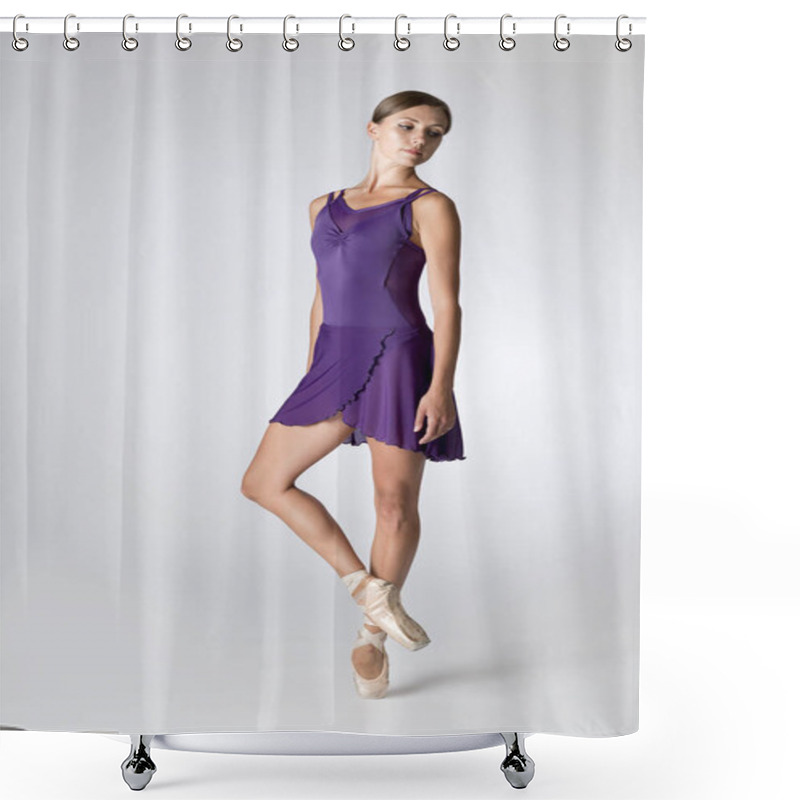 Personality  Ballerina Wearing A Purple Leotard Isolated In Gray Background Shower Curtains