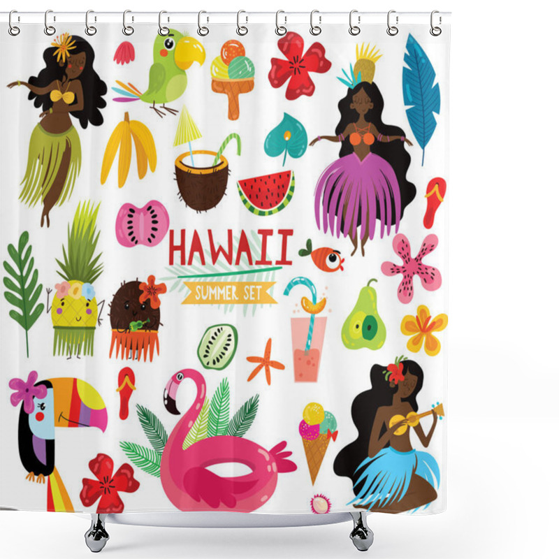 Personality  Summer Set Of Hawaiian Symbols And Elements- Fruits , Toucan, Flamingo,ice Cream And Tropical Leaves. Perfect For Web, Card, Poster Or T-shirt. Vector Illustration Shower Curtains