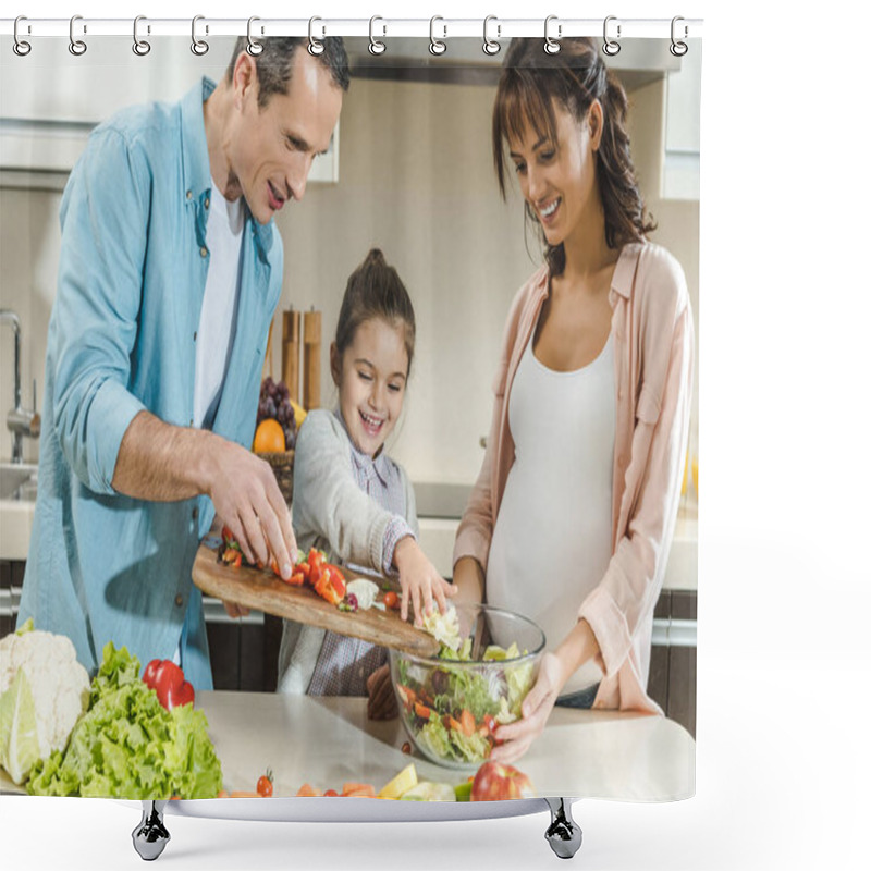 Personality  Happy Smiling Family Making Salad Together At Kitchen  Shower Curtains