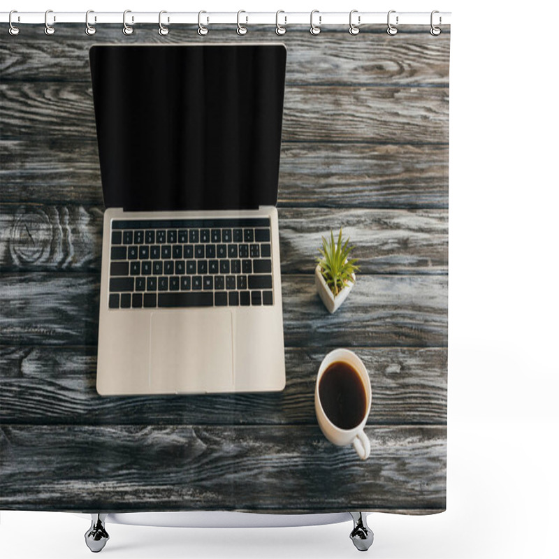 Personality  Cup Of Coffee, House Plant And Laptop With Blank Screen On Dark Wooden Surface Shower Curtains