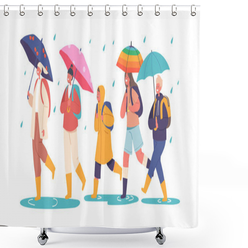 Personality  Happy Kids Walk Under Umbrella, Little Boys And Girls Characters In Warm Clothes With Backpack Walking By Puddles At Rainy Weather To School. Autumn Season, Monsoon. Cartoon People Vector Illustration Shower Curtains