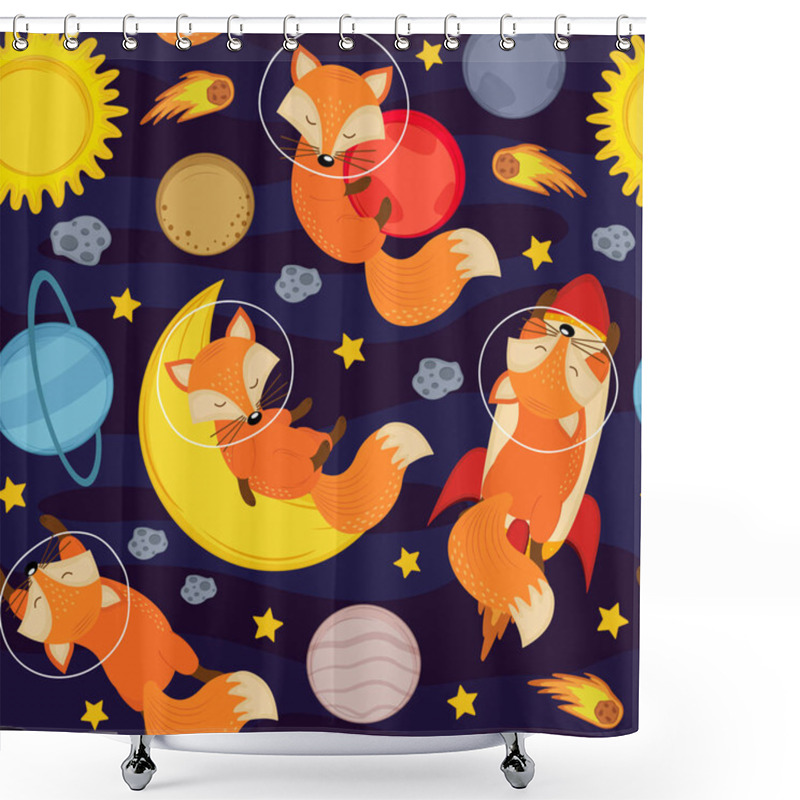 Personality  Seamless Pattern With Cute Fox In Space  - Vector Illustration, Eps Shower Curtains