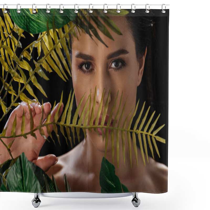 Personality  Portrait Of Beautiful Woman Looking At Camera And Covering Face With Fern Leaf Isolated On Black Shower Curtains