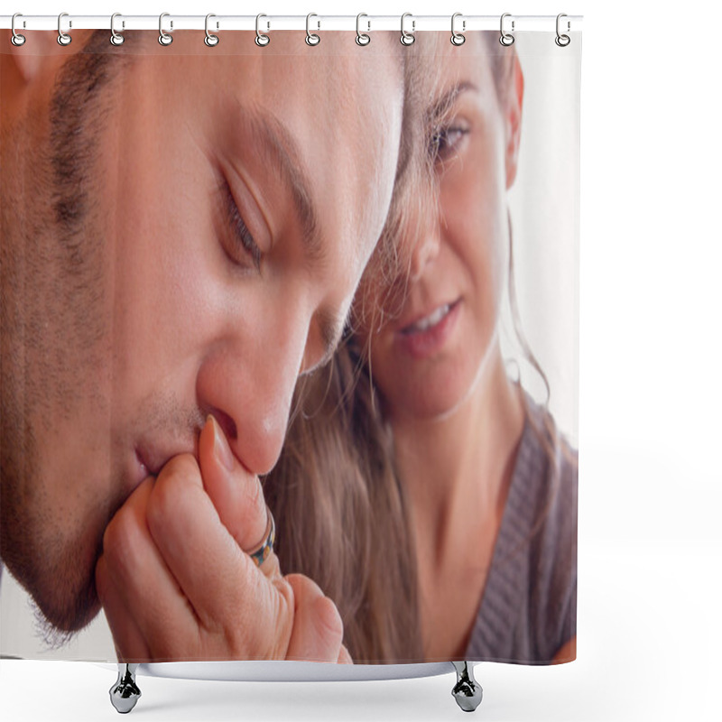 Personality  Man Gently Kisses Hand Of His Girlfriend Shower Curtains