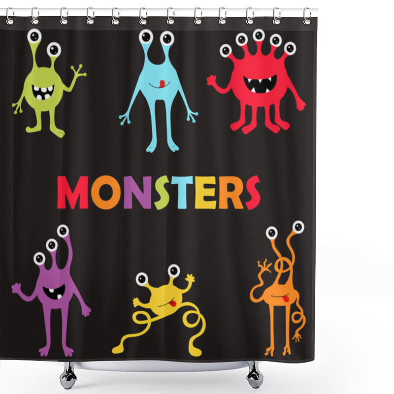 Personality   Cute Monsters On Black Background Isolated Cartoon Monster Characters. Vector Illustration Shower Curtains