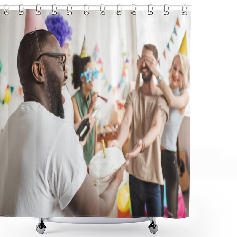 Personality  Happy Friends Covering Eyes Of Young Man And Greeting Him With Birthday Cake Shower Curtains