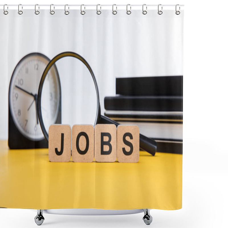 Personality  Cardboard Squares With Jobs Inscription Near Magnifying Glass, Notebooks And Clock On Yellow Surface Isolated On White Shower Curtains