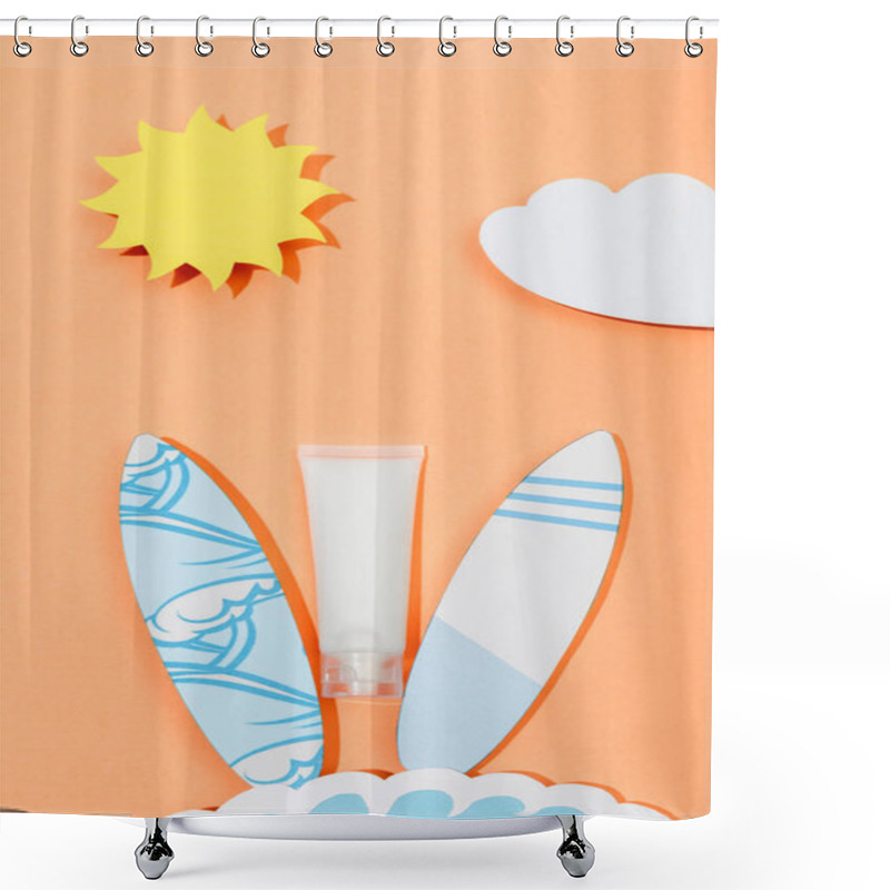 Personality  Top View Of Paper Cut Sun, Cloud, Sea Wave And Surfboards With Tube Of Sunscreen On Orange  Shower Curtains