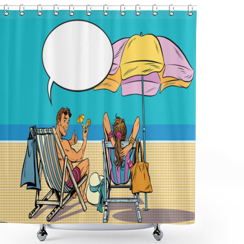 Personality  Beautiful Couple Man And Woman Resting On The Beach Shower Curtains