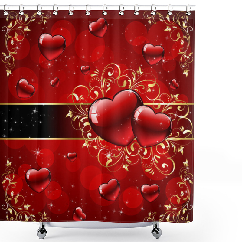 Personality  Hearts With Gold Ornate Elements On Red Background Shower Curtains