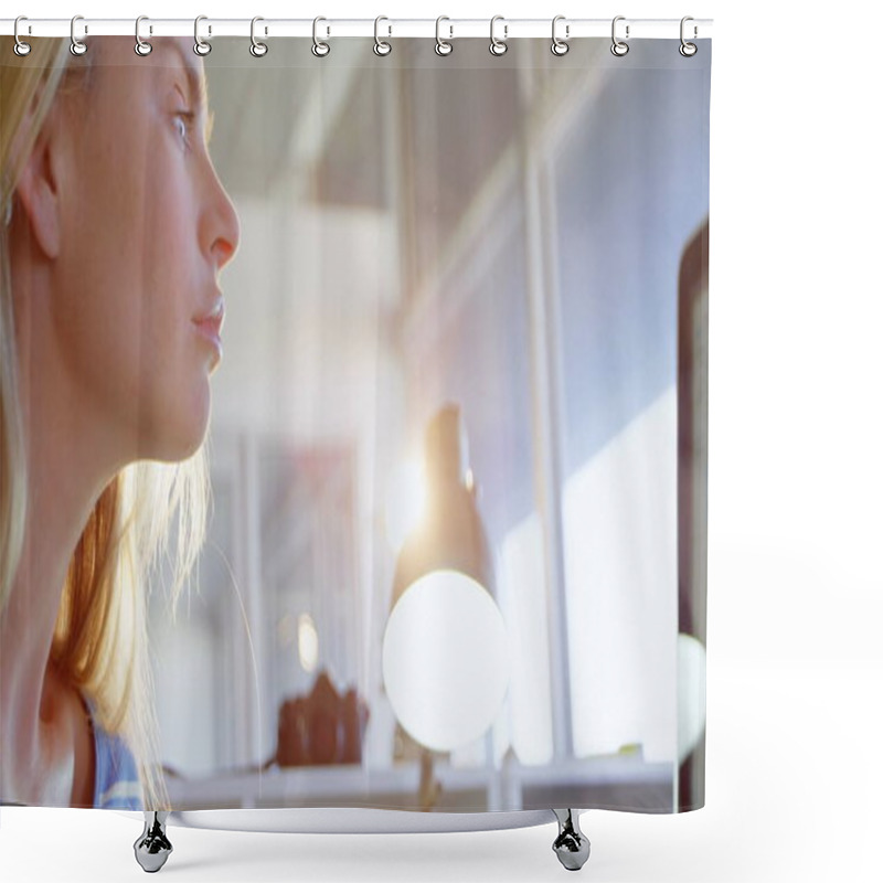 Personality  Side View Of Caucasian Female Fashion Designer Using Graphic Tablet At Desk In Office. She Is Looking At Computer 4k Shower Curtains