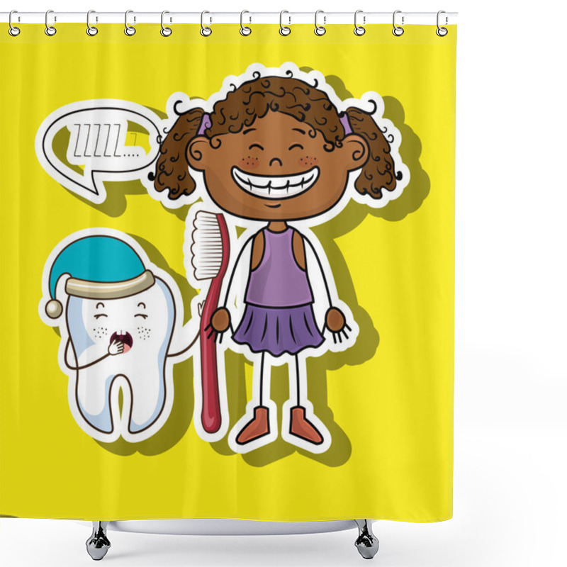 Personality  Cartoon Girl Holding Toothbrush And A Cartoon Sleepy Tooth Shower Curtains