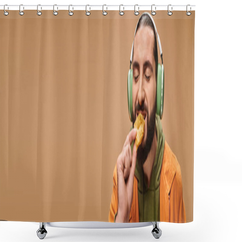 Personality  Cheerful Man In Headphones Eating Delicious Honey Baklava On Beige Backdrop, Turkish Delights Banner Shower Curtains